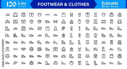 Footwear and clothes line icon set featuring pixel-perfect editable icons with a clean, modern, and minimal style, ideal for fashion, apparel, and retail themes.