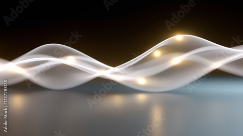 Abstract wavy light trails with glowing points on dark background