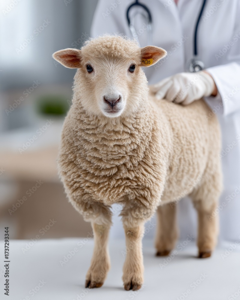 Obraz premium Cute lamb receiving checkup from veterinarian in clinic environment