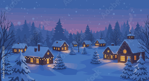 Cozy Snowy Christmas Village at Dusk