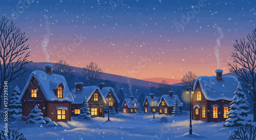 Cozy Snowy Christmas Village at Dusk