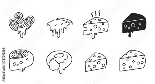 Simple line art illustrations of various cheeses and a cheese wheel
