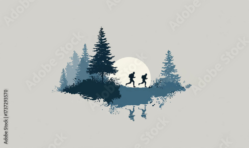 Silhouetted Hikers Running through a Forest Landscape Illustration at Sunset with Reflection for Adventure Concepts and Travel Blog