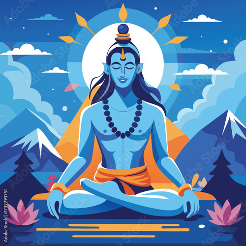 lord Shiva in lotus position with mountains and clouds