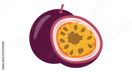 A vibrant illustration depicting a whole and halved passion fruit