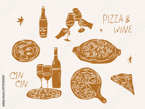 Flat vector wine and pizza collection