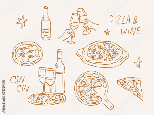 Hand drawn wine and pizza collection