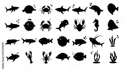 ocean animals and sea life silhouettes icons collection vector black shape
