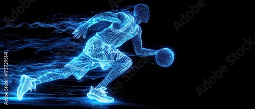 A basketball player dribbling on a hardwood court in vibrant blue