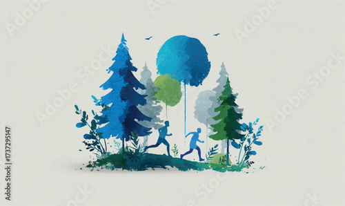 Trail running in a watercolor forest digital art with pine trees and flying birds serene scene