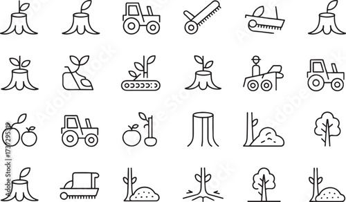 Tree Stump and Sapling Icons Set Forestry Farming Equipment Fruit Trees and Land Clearing Symbols for Designers and Developers