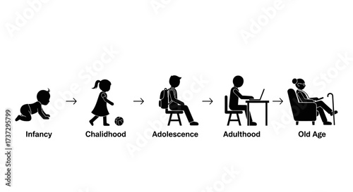 Silhouettes illustrating the stages of human life, from a crawling baby in infancy to an elderly person in old age.