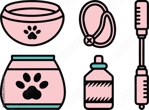 Collection of pet care items including food bowls leash and medicine