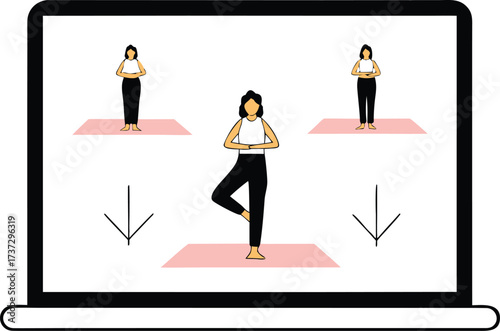 Woman practicing yoga poses on a laptop screen