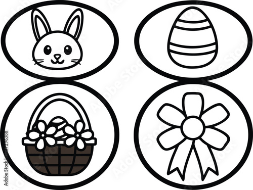 Cute easter icons featuring a bunny egg basket and flower