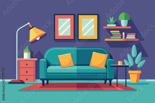 Modern living room interior with a comfortable sofa, furniture, and contemporary décor