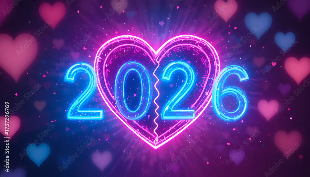 Obraz premium Neon Blue Heart Shaped 2026 Romantic Numbers