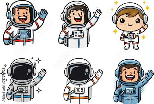 Cartoon astronaut characters, cute children in space suits, happy space explorers, vector illustration, kids astronauts, science education, cosmic adventure, cartoon astronauts