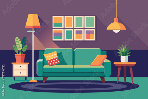 living room with couch, lamp, table and plants