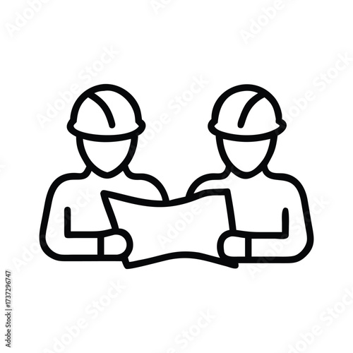Two engineers constraction working together with tools, hand drawn line drawing vector illustration

