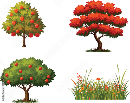 Apple fruit tree with red apples, autumn red foliage tree, lush green grass with wildflowers, seasonal botanical vegetation illustration design