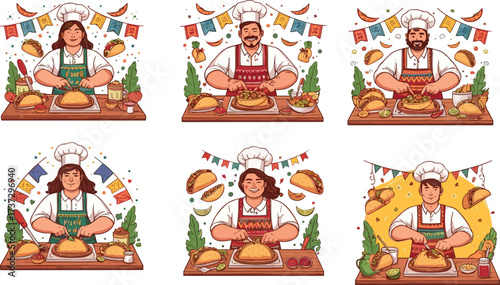 Cartoon Mexican chefs cooking traditional tacos, festive food illustration, smiling cooks preparing delicious Mexican cuisine, cultural celebration vector design, restaurant artwork