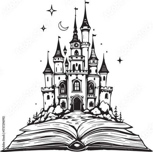 Fairy tale castle emerging from open book vector illustration for fantasy, storytelling, and imagination themes
