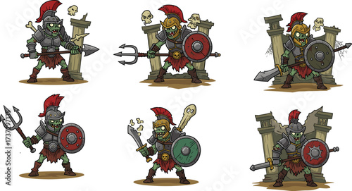 Cartoon zombie gladiator warrior with armor, shield, and weapons, spooky undead fighter illustration, fantasy monster character, scary Halloween battle artwork