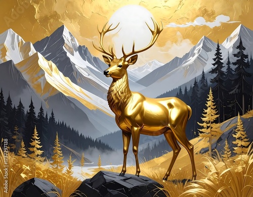 Golden Deer Majestic Mountain Landscape.