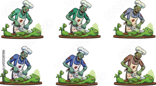 Creepy cartoon zombie chef cooking monster alien, scary undead cook chopping green creature, horror Halloween illustration, spooky kitchen character design artwork