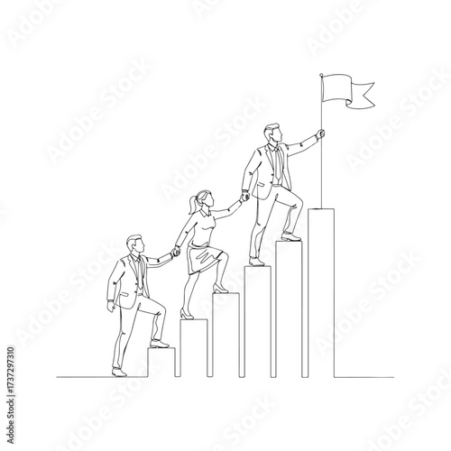 Continuous one line drawing of a business team helping each other climb a bar chart. Leadership and teamwork concept for success and growth.