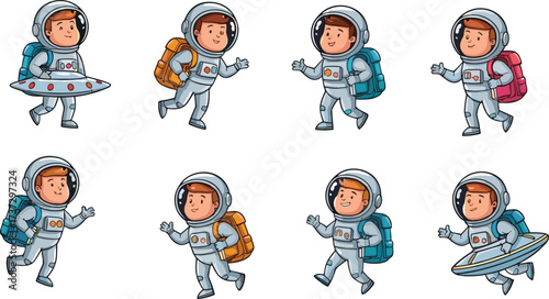 Cute astronaut cartoon character set, space explorer illustrations, kids in spacesuit with backpack, fun cosmic adventure vector artwork collection