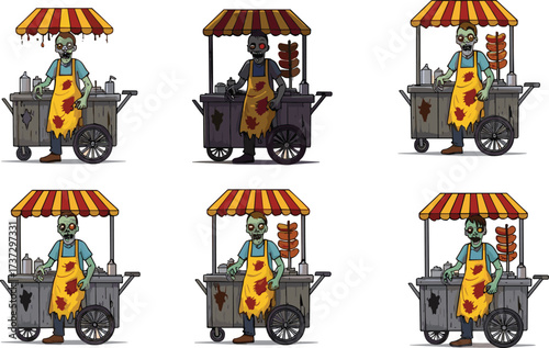 Creepy zombie street food vendor illustration, undead chef selling spooky kebab at horror food cart, Halloween cartoon artwork scary monster design
