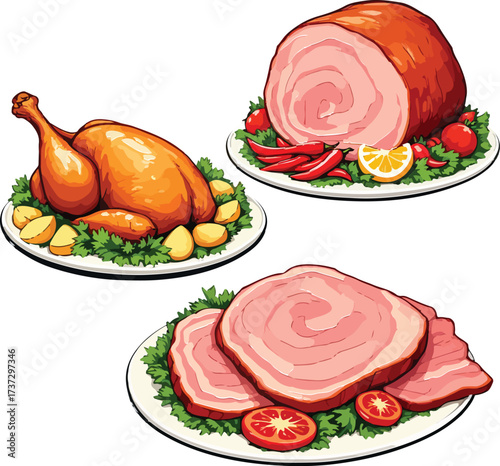 Roasted chicken and spiral-cut ham plates with vegetables vector illustration for festive food themes