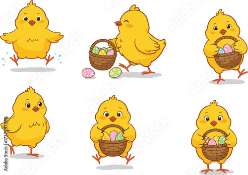 Cute baby chicks with Easter eggs in basket, happy cartoon yellow chickens, spring holiday celebration illustration, adorable Easter vector design