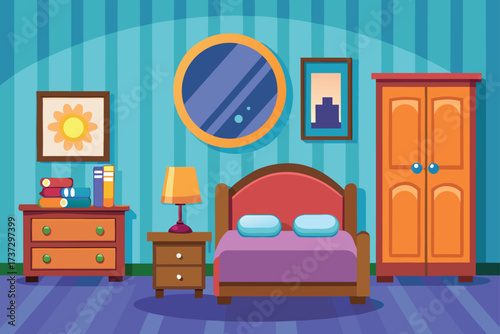Cartoon Flat Bedroom with Wardrobe and Nightstand