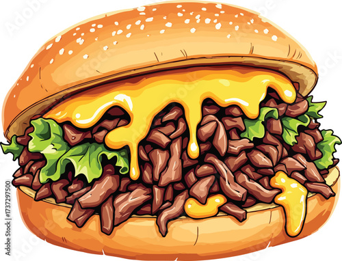 Cheesesteak sandwich with shredded beef, melted cheese, and lettuce vector illustration for food themes