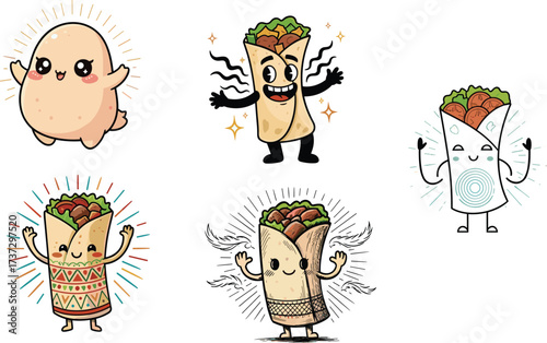 Cute cartoon burrito characters, funny tortilla wrap illustration, adorable kawaii food design, happy Mexican snack mascot, smiling wrap vector art
