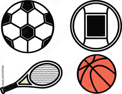 Collection of sport icons featuring soccer ball tennis racket basketball and stadium