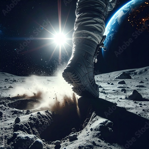 Astronaut's boot steps on lunar surface, Earth visible above