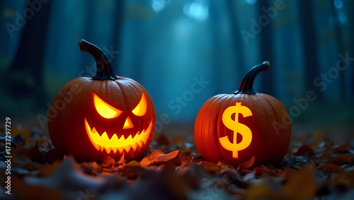 A halloween pumpkin carved with glowing dollar logo and jack-o'-lantern on the ground, spooky dark forest background at night - cryptocurrency, Halloween festive celebration, holiday season concept 