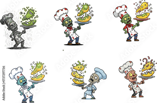 Funny cartoon zombie chef holding plate of disgusting food, creepy undead cook illustration, horror Halloween artwork, spooky monster cooking character design