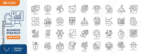 Business strategy line editable icon set. 