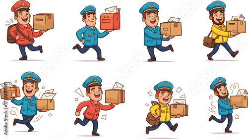 Happy cartoon postman characters delivering letters and packages, funny mailman illustration set with courier uniform, smiling postal worker carrying boxes and envelopes
