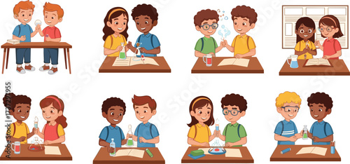 Happy children doing science experiments in classroom, school kids studying chemistry, learning education activities with test tubes, teamwork project illustration
