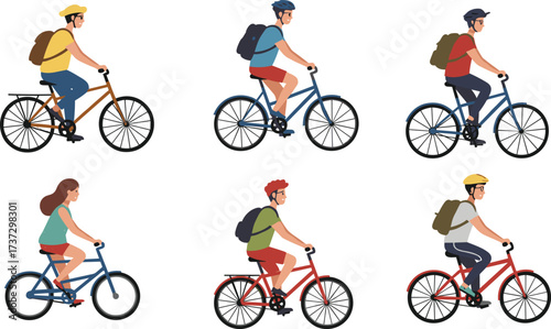 People riding bicycles, men and women cyclists with backpacks, outdoor cycling activity, healthy lifestyle, sport exercise, flat design illustration