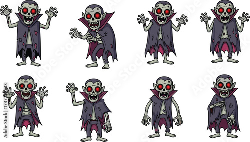 Scary cartoon vampire zombies with glowing red eyes, creepy undead monster characters, spooky Halloween illustration, horror fantasy design, evil creature artwork