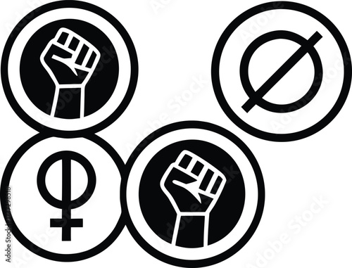 Feminist and protest symbols in black and white circles