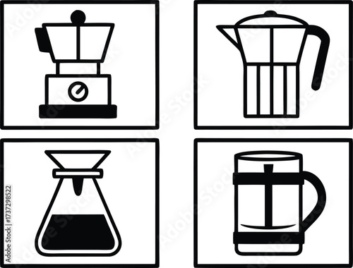 Collection of four black and white coffee brewing icons