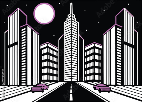 Stylized cityscape with tall buildings a moon and cars on a road at night